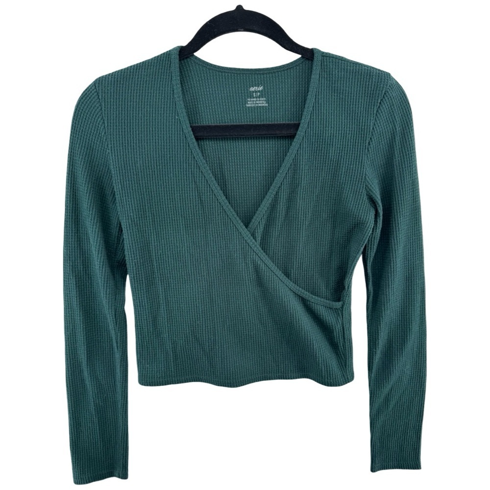 aerie Green Ribbed Wrap-Front Long Sleeve Crop Top